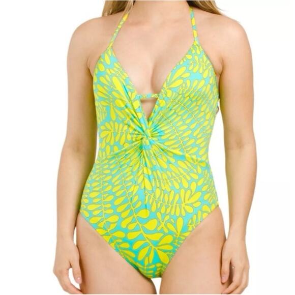 Trina Turk TRELLIS One Piece Aqua Yellow Swimsuit Twist Halter NWT $184 Sz 8 - Picture 1 of 8